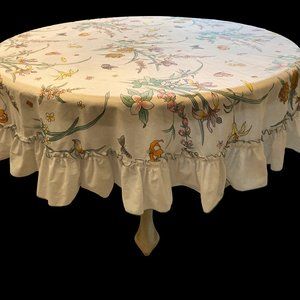 1980s Vintage JCPenny Butterfly Round Tablecloth,  Ruffled Flowers and Butterfly